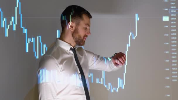 Confident Professional Businessman Looking Time Stock Trade Graph Background — Vídeo de Stock