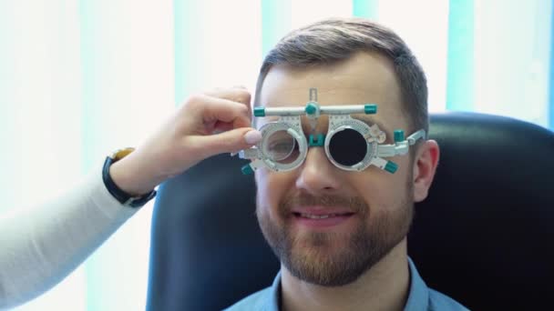 Handsome Male Patient Wearing Special Ophthalmic Glasses — Stockvideo