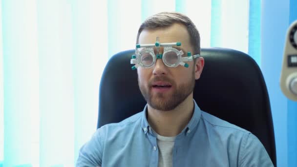 Handsome Male Patient Wearing Special Ophthalmic Glasses — Stock Video