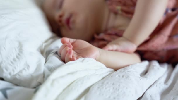 Adorable Little Girl Sleeping Bed Childhood Concept — 비디오