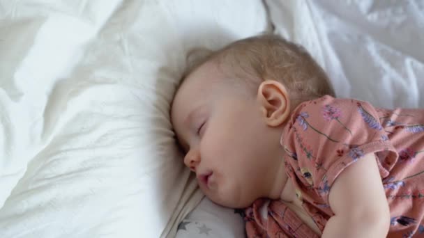 Adorable Little Girl Sleeping Bed Childhood Concept — Stockvideo