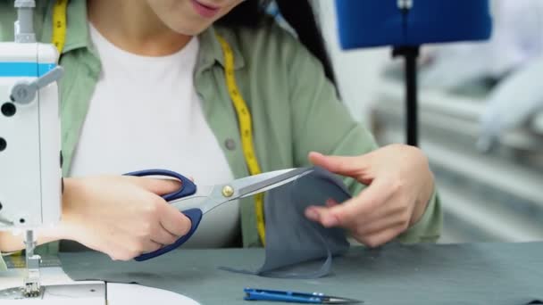 Dressmaker Cuts Dress Detail Sketch Lines Threads Pattern Scissors Tape — Vídeo de Stock