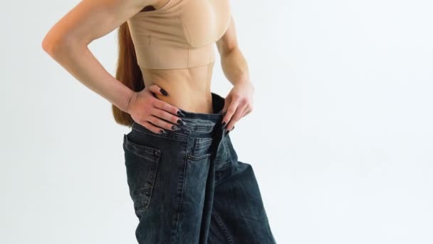 Woman Oversize Jeans Weight Loss Diet Concept — Video Stock