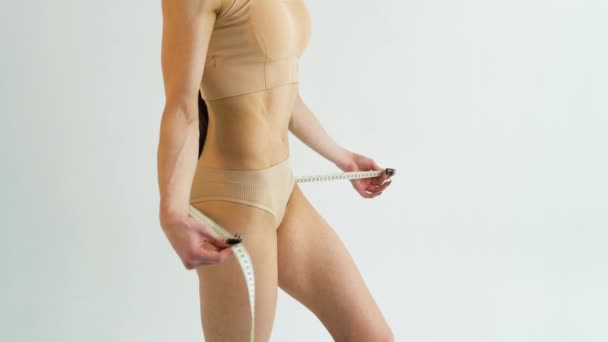 Woman Measuring Perfect Shape Beautiful Hips — Stock Video