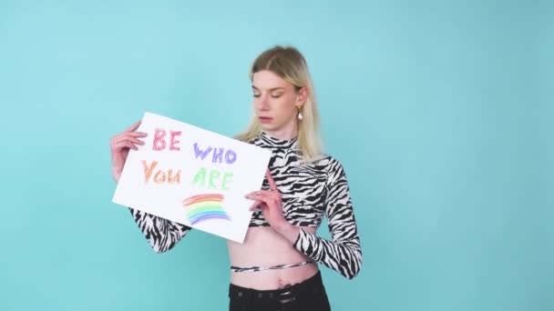 Attractive Blond Gay Caucasian Man Holding Protest Sign Lgbt Pride — Stok video