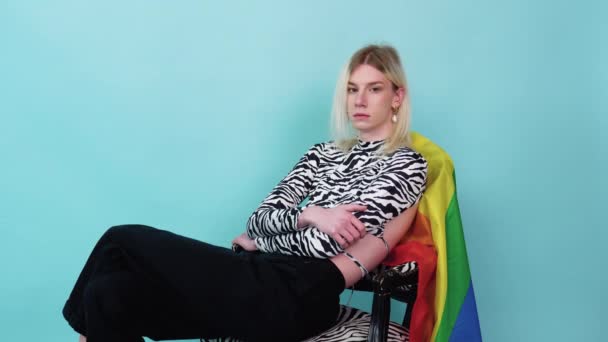 Youth Transgender Lgbt Rainbow Flag Sits Lor Background Gender Expression — Stockvideo