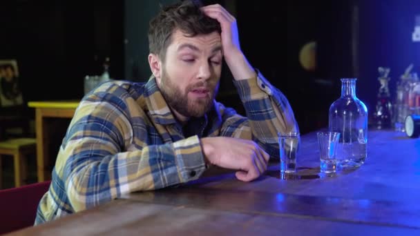 Very Drunk Man Sits Bar Glass Vodka — Stock video