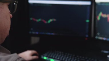 Trader wearing eyeglasses sitting at desk at office monitoring stock market looking at monitors analyzing candle bar price