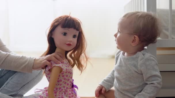 Kid Girl Playing Doll Home Kindergarten — Wideo stockowe