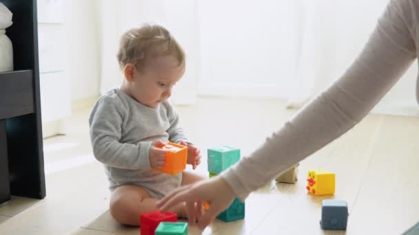 Çocuk Annesiyle Renkli Oyuncak Bloklarıyla Oynuyor Çocuklar Oynar Bebek Bebek — Stok video