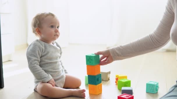 Criança Brincando Com Blocos Brinquedo Coloridos Com Mãe Miúdos Brincam — Vídeo de Stock