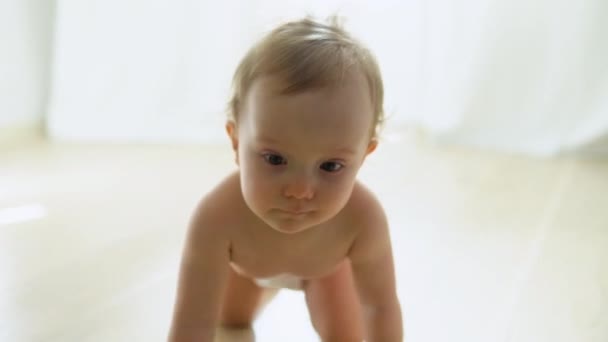 Smiling Crawling Cute Baby Diaper Home Floor — Video Stock