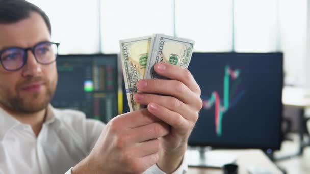Man Business Clothes Dollars Cash Hands Profits Savings Stack Dollars — Stok Video