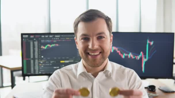 Excited Miner Broker Posing Golden Bitcoins Eyes — Vídeos de Stock