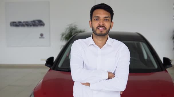 Portrait Happy Adult Successful Man Posing Auto Showroom Buying New — Stok video