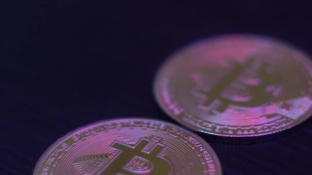 Macro Shot Bitcoin Coins Golden Bitcoin Crypto Currency Digital Exchange — Stockvideo
