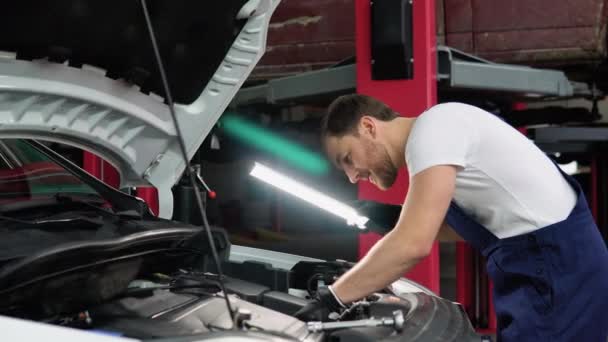 Serwis Naprawa Konserwacja Ludzie Concept Car Auto Mechanik Mężczyzna Lampa — Wideo stockowe