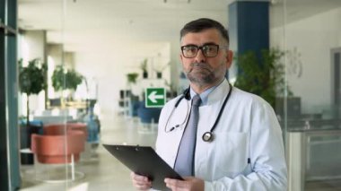 Hastanedeki ofisinde kıdemli bir doktorun portresi. Sağlık hizmetleri kavramı.