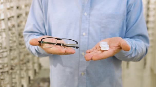 Senior Man Hold Contact Lenses Glasses Hands Close Concept Choice — Stock Video