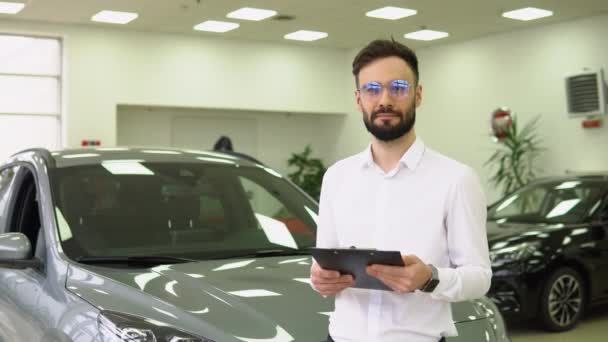 Portrait Handsome Car Salesman Posing Workplace Auto Showroom Young Dealership — стокове відео