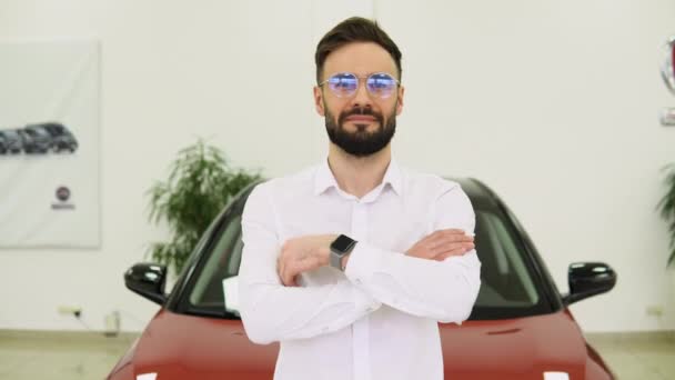 Handsome Bearded Buyer Casual Wear Dealership Guy Looks Camera While — Stock Video