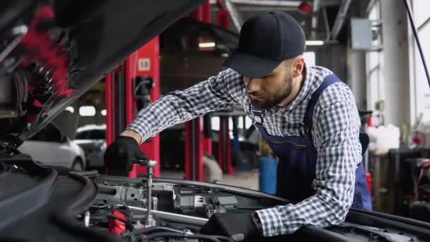 Auto Mekaniker Undersøge Brudt Bil Motor Stående Nærheden Sin Bil – Stock-video
