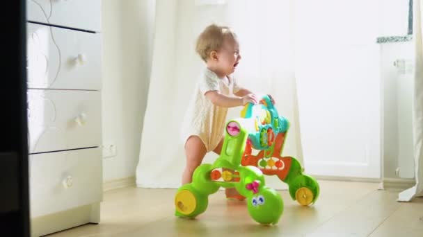 Primeiros Passos Criança Com Andador Bebê — Vídeo de Stock