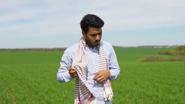 Индийский Фермер Своем Пшеничном Поле Концепция Хорошей Урожайности Муссонных Дождей — стоковое видео