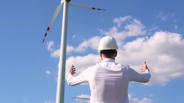 Yenilenebilir Enerji Mühendisi Gökyüzüne Bakıyor Rüzgar Çiftliğinin Başarısını Kutluyor — Stok video