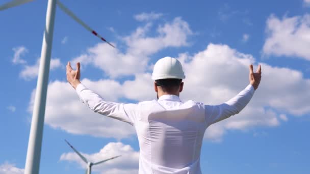 Ingeniero Energía Renovable Mirando Cielo Levanta Las Manos Celebrando Éxito — Vídeos de Stock