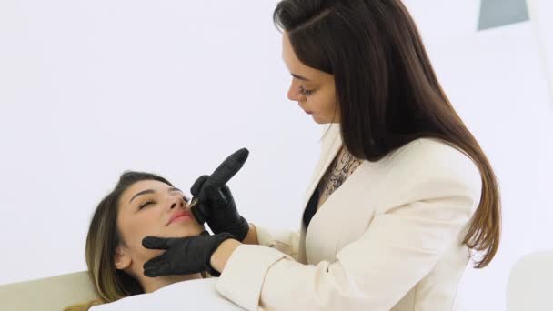Processo Mulher Aplicando Maquiagem Tatuagem Permanente Nos Lábios Salão Esteticista — Vídeo de Stock