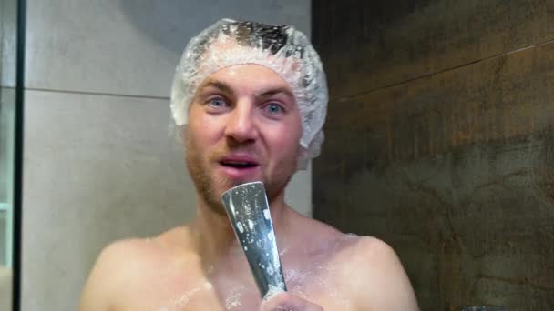 Cheerful Half Naked Man Making Fun While Taking Shower Bathroom — Stock Video