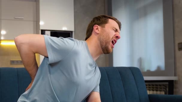 Joven Molesto Que Sufre Dolor Espalda Hombre Infeliz Sentado Sofá — Vídeos de Stock