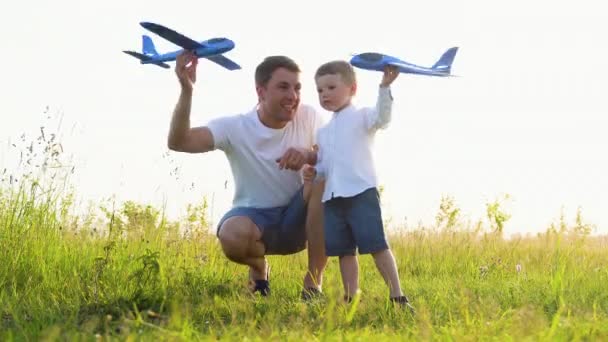 Dad Baby Son Playing Together Outdoors Toy Planes Fathers Day — Stock Video