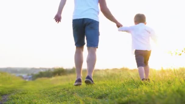 快乐的父亲和小儿子在公园里一起在阳光下奔跑 快乐的家庭团队家庭游戏 父子俩玩得开心 — 图库视频影像