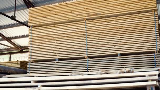木材を積んだ 折り畳まれた木 木製の板を閉じます ボードの端の表面 倉庫内で互いに積み上げられた板の多く 建設に使用する木材 — ストック動画