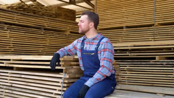 Young Male Worker Timber Lumber Warehouse — Stock Video