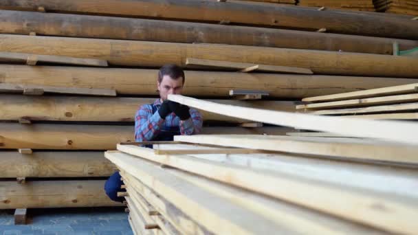 Młody Pracownik Składzie Drewna — Wideo stockowe