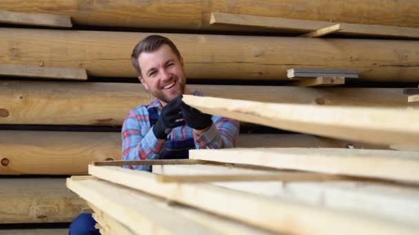 Jeune Travailleur Masculin Dans Entrepôt Bois — Video