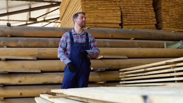 木材倉庫の若い男性労働者 — ストック動画