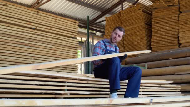 Konzept Holzverkauf Bauherr Denkt Über Holzdielen Nach Konzept Holzverarbeitungsbetrieb Holzstapel — Stockvideo