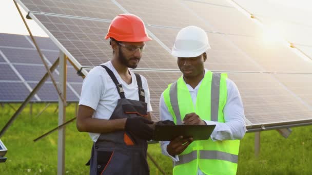 Dos Ingenieros Trabajo Analizan Datos Granja Solar Compañeros Trabajo Indios — Vídeos de Stock