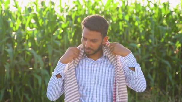 コーンフィールドでは 疲れたインドの農家は トウモロコシの植物の分野に立っています — ストック動画