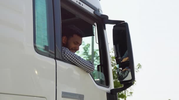 Der Indische Lastwagenfahrer Sitzt Seinem Lkw Trucker Beruf Rechtslenker — Stockvideo