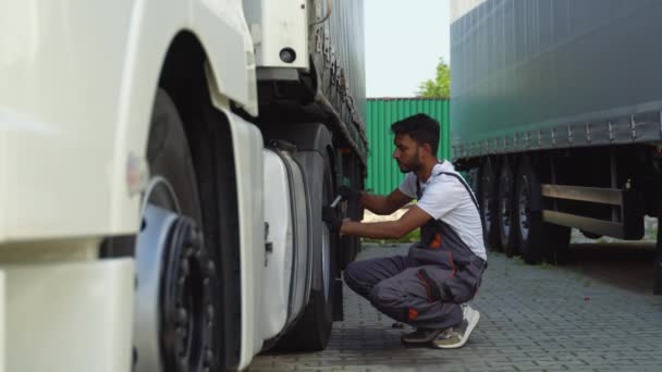 Indiska Lastbilschauffören Använder Skiftnyckel När Byter Däck Vägen — Stockvideo