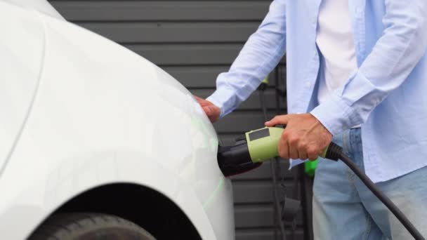 Driver Electric Car Inserts Electrical Connector Charge Batteries — Stock Video
