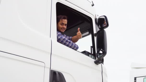 Portrét Indického Řidiče Kamionu Sedícího Kabině — Stock video