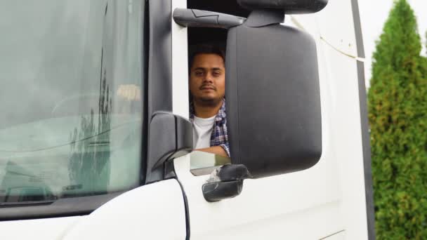 Retrato Motorista Caminhão Indiano Sentado Cabine — Vídeo de Stock