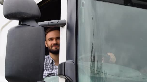 Lastwagenfahrer Saß Führerhaus — Stockvideo