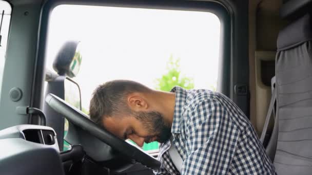 Kamyon Şoförü Kamyonetinin Kabininde Araba Kullanmaktan Yoruldu — Stok video